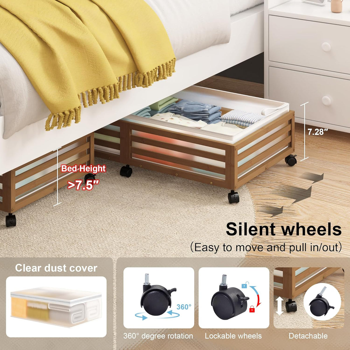 Under Bed Storage with Wheels-Large Bamboo Underbed storage Containers with Large Dust Bag