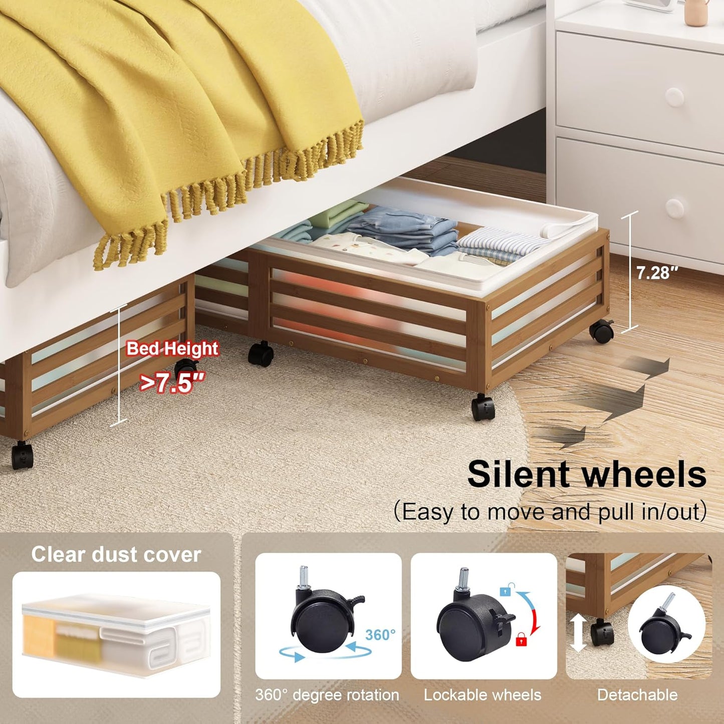 Under Bed Storage Containers With Wheels - 2 Pcs Large Bamboo Wood Rolling Underbed Shoe Storage