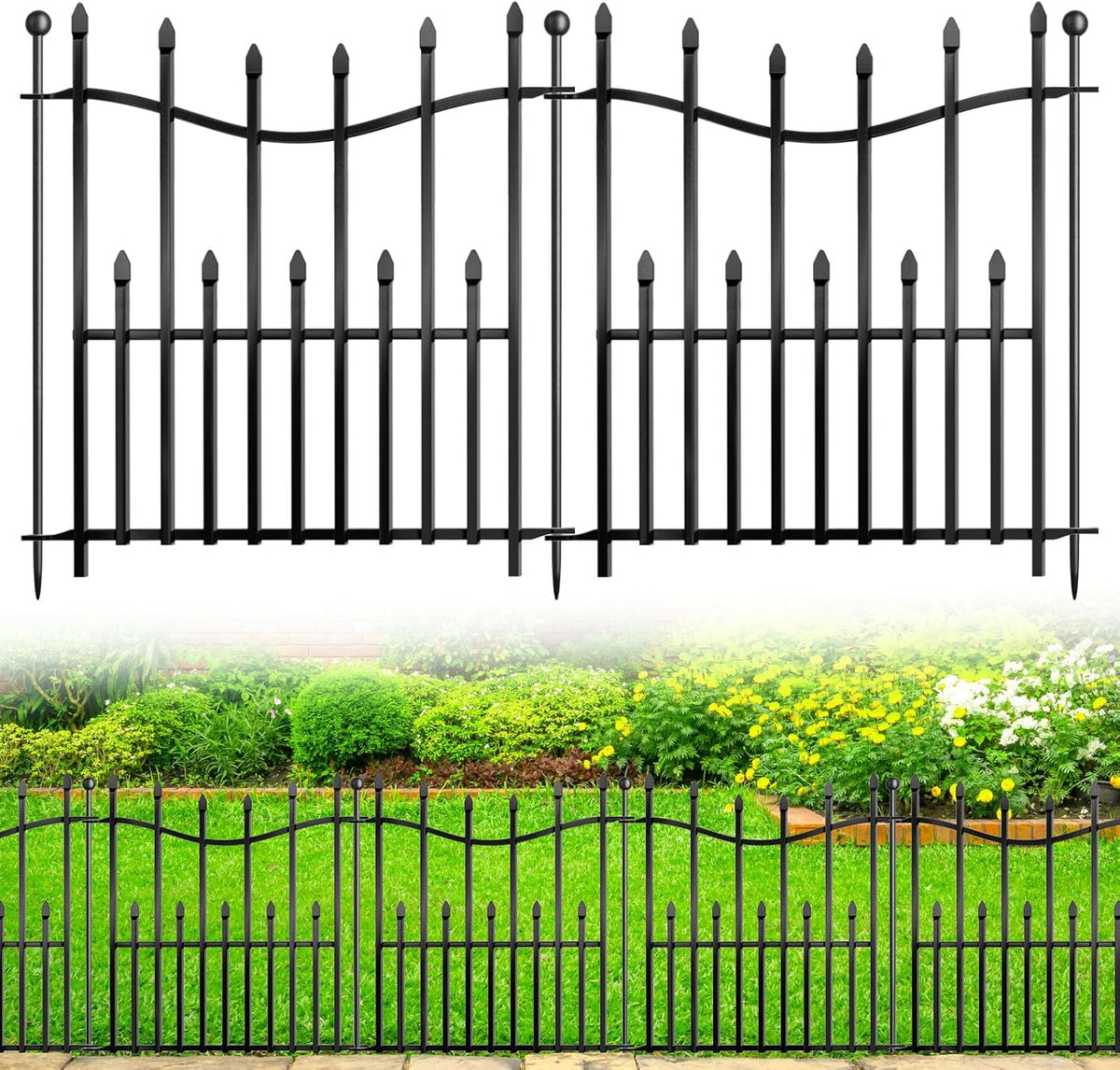 10 Panels No Dig Decorative Garden Fence, 24in(H)×22ft(L) Heavy-Duty Rustproof Metal Panels