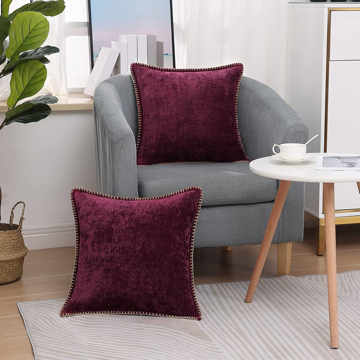 decorUhome Chenille Soft Throw Pillow Covers 24x24 Set of 2, Farmhouse Velvet Neutral Decorative