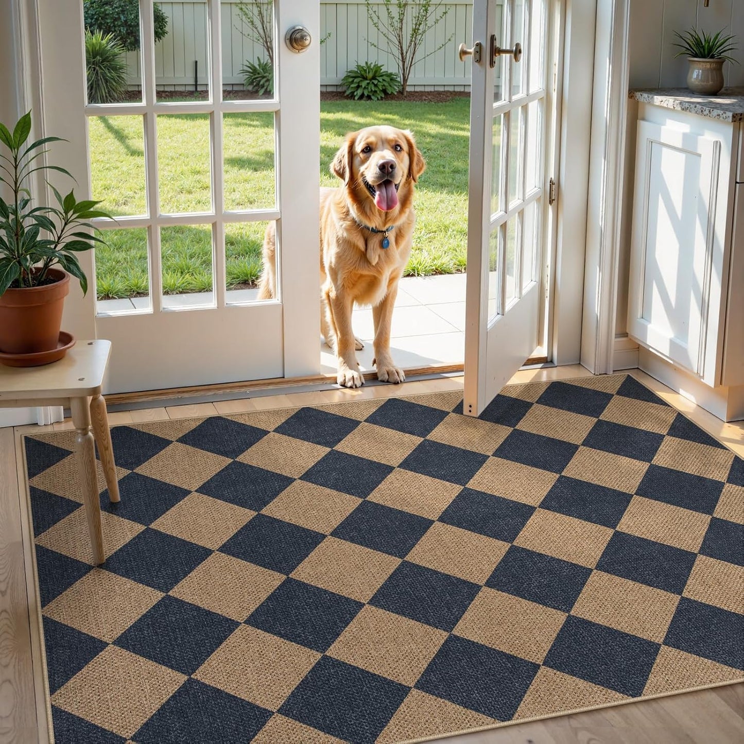 Lahome Checkered Easy Jute Entryway Rug, 3x5 Washable Area Rugs for Living Room Outdoor Patio, Non