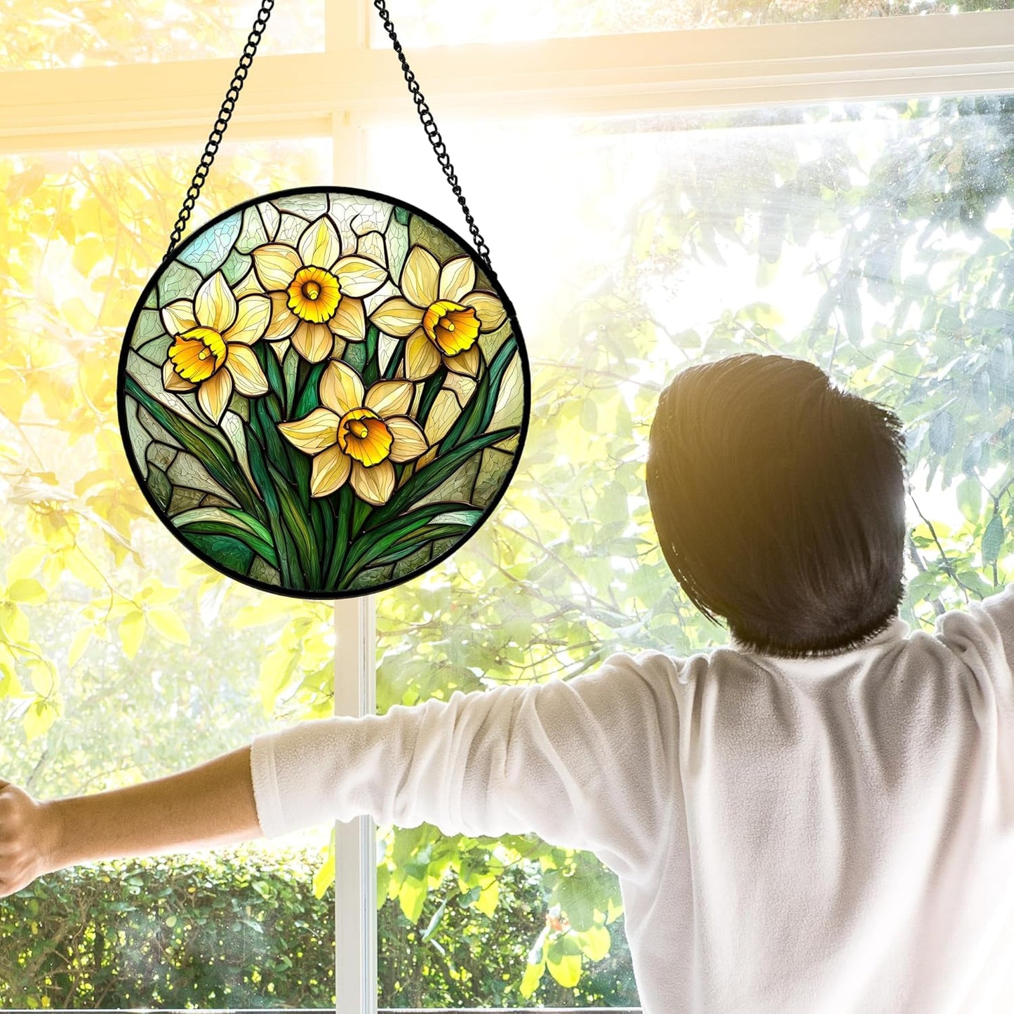 Stained Glass Window Hanging, Daffodil Plant Flowers Sun Catchers Diamond Glass Panel Hangings