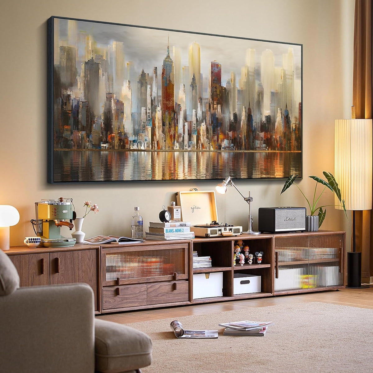 Mofutinpo Large Black Framed Cityscape New York abstract wall art Brown City Theme Paintings Modern