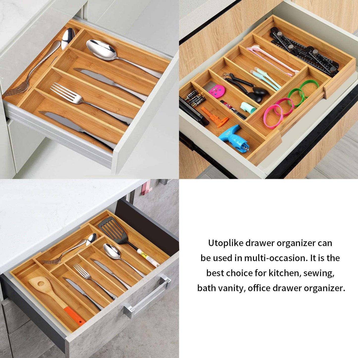 Utoplike Bamboo Cutlery Tray Silverware, Drawer Dividers for Kitchen Utensils, Flatware Tray Drawer