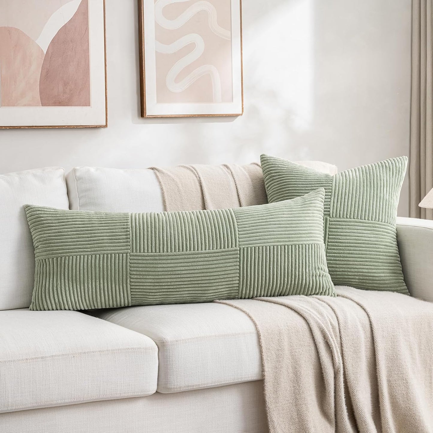 Fancy Homi Set of 2 Sage Green Boho Long Lumbar Body Decorative Throw Pillow Cover 14x36 Inch for