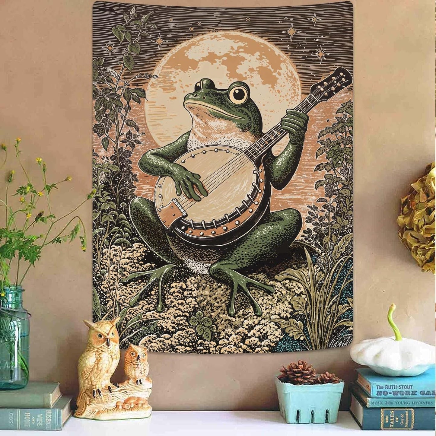 Lunerfex Moonlit Banjo Frog Wall Tapestry, Whimsical Amphibian Musician Tapestries for Room Decor