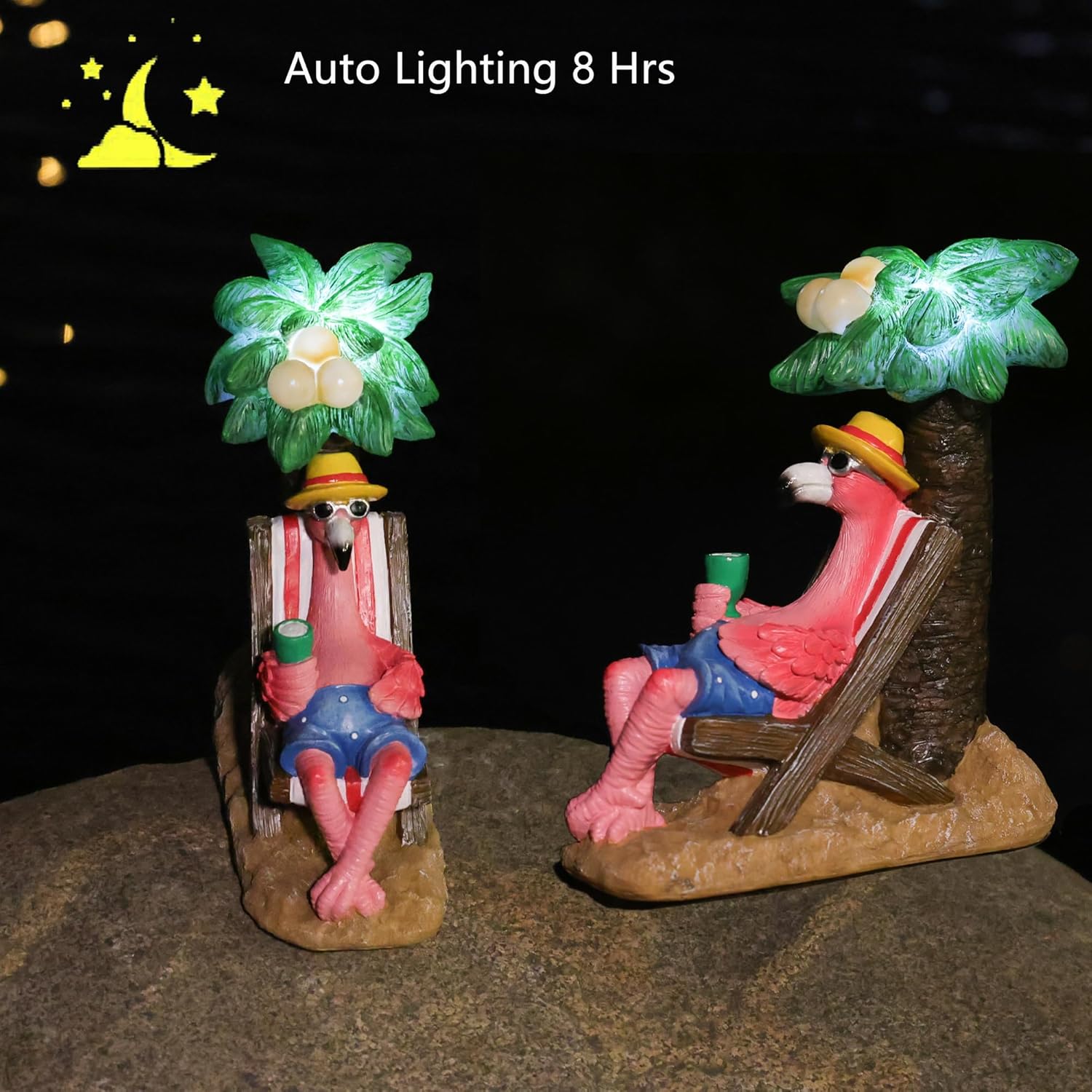 Pink Flamingos for Yard-Solar Garden Statues Gifts - Flamingos on Beach Vacation Light up Coconut