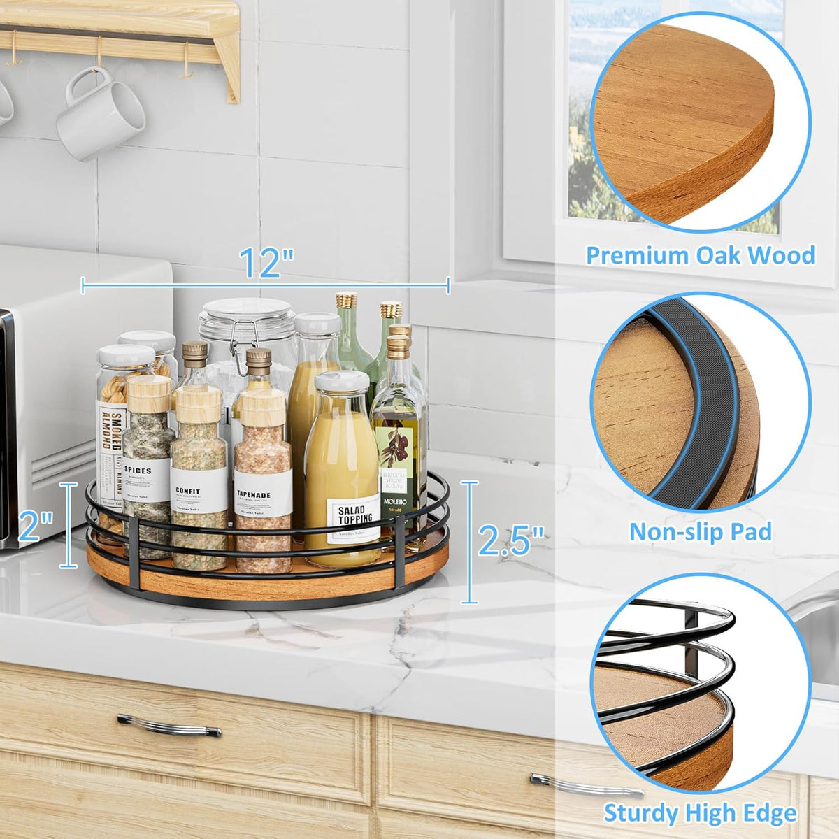 12" Lazy Susan Turntable Organizer - Oak Wood Lazy Susan for Cabinet Kitchen Countertop Dining