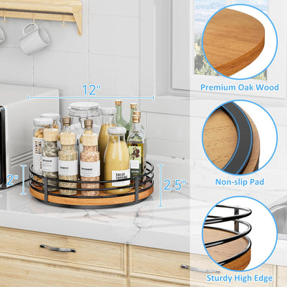 12" Lazy Susan Turntable Organizer - Oak Wood Lazy Susan for Cabinet Kitchen Countertop Dining