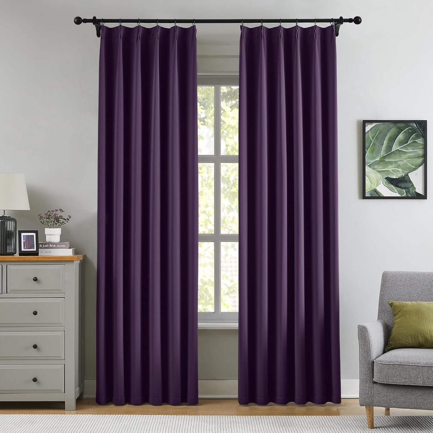 KangBang Royal Purple Pinch Pleated Curtains 84 Inch Length 2 Panels Set, Room Darkening Black Out