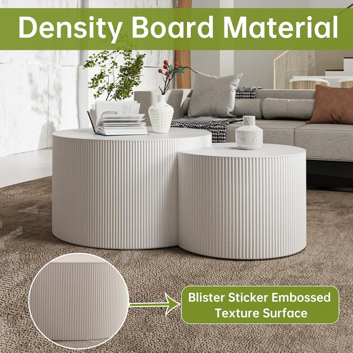Round Nesting Coffee Table Modern White Fluted Coffee Table Set of 2 for Living Room Circle Drum