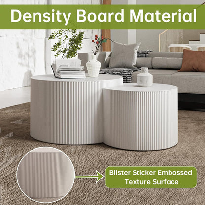 Round Nesting Coffee Table Modern White Fluted Coffee Table Set of 2 for Living Room Circle Drum