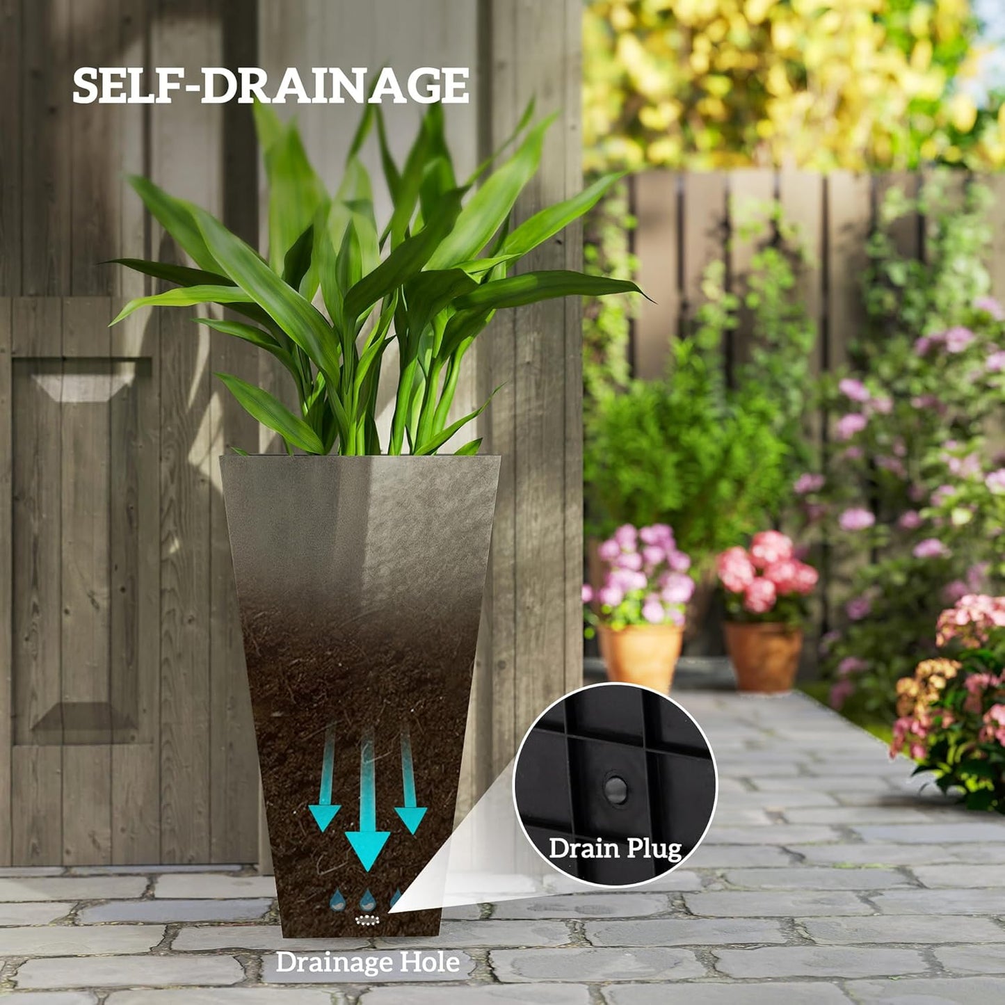 Outsunny Tall Planters for Outdoor Plants Set of 3, 28 in Taper Planters with Drainage Holes