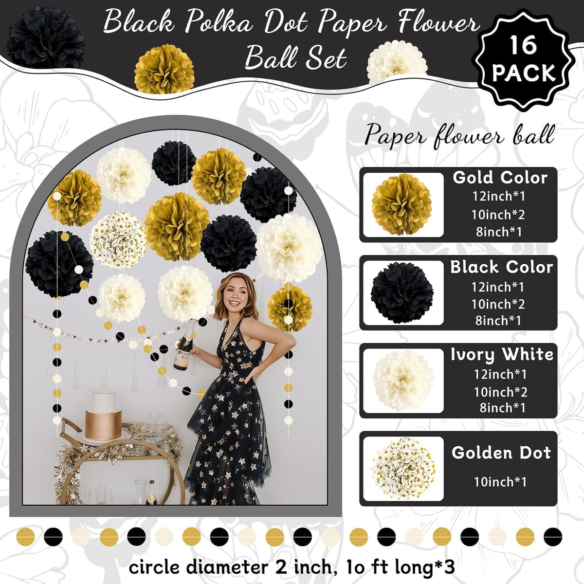 Black and Gold Party Decorations, 16 PCS Tissue Paper Pom Poms Dots Paper Garland Kit for New Year