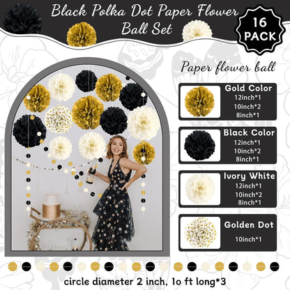 Black and Gold Party Decorations, 16 PCS Tissue Paper Pom Poms Dots Paper Garland Kit for New Year
