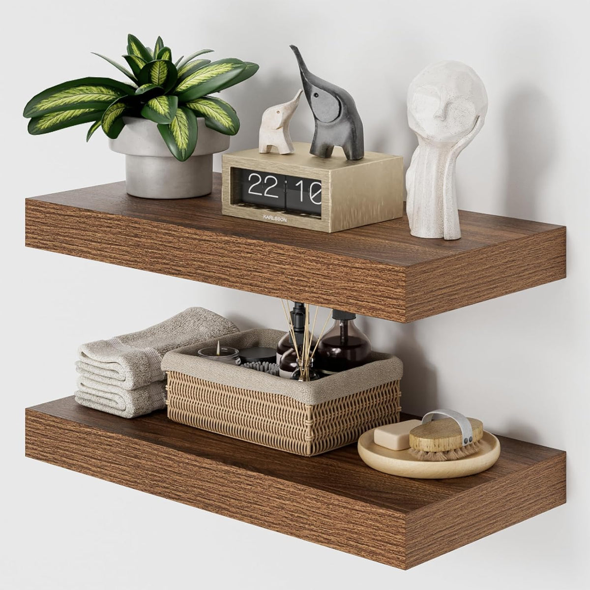 Heimlove 12" Deep Walnut Floating Shelves for Wall, 24 Inch Wall Shelf Bathroom Shelves Set of 2