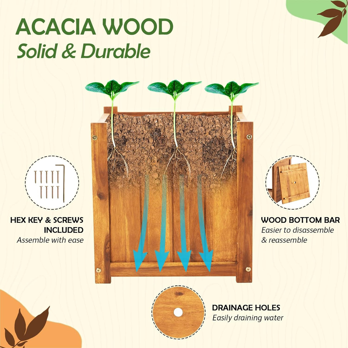 Idzo Hardwood Outdoor Flower Box, Durable Acacia Wood Flower Boxes for Outdoor Plants with