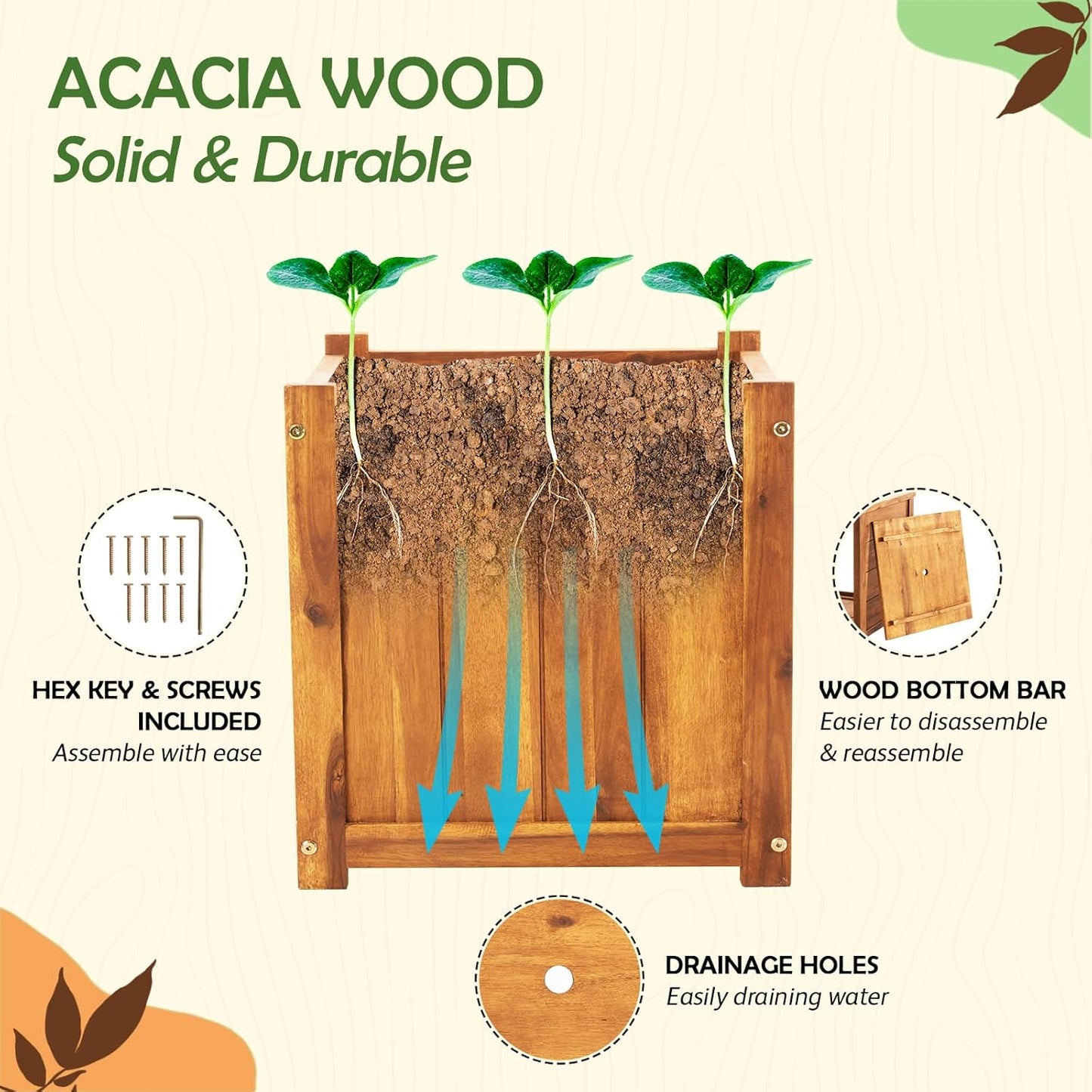 Idzo Set of 2 Hardwood Outdoor Flower Box, Durable Acacia Wood Flower Boxes for Outdoor Plants with