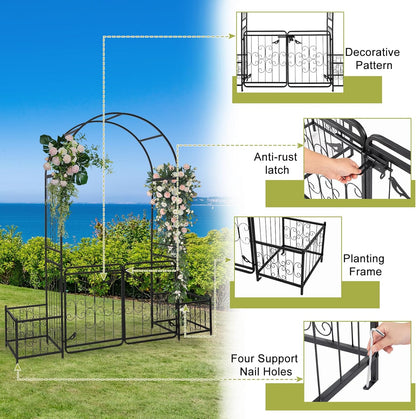VINGLI Garden Arbor Arch with Gate and Planter Box, Wedding Arch Archway for Ceremony Party