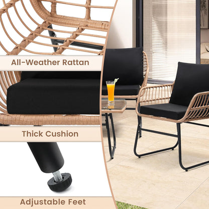 Kromax 4 Piece Patio Bistro Outdoor Furniture Set, Wicker Sofa, 2 Rattan Chairs, and Table