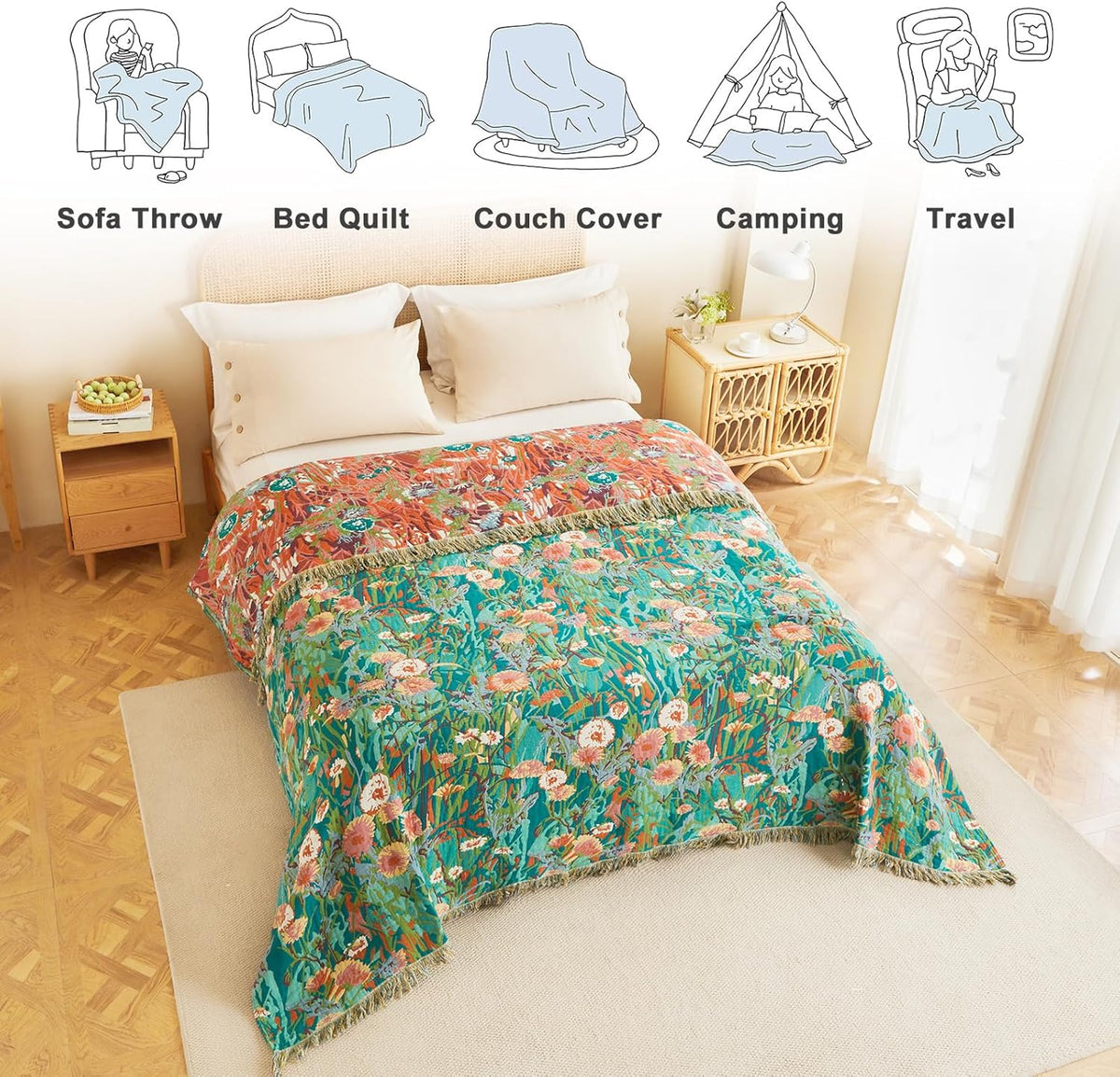 MSGKV Boho Throw Blanket for Bed Twin Size Cotton Muslin Breathable Floral Blanket 60"x80" Sofa