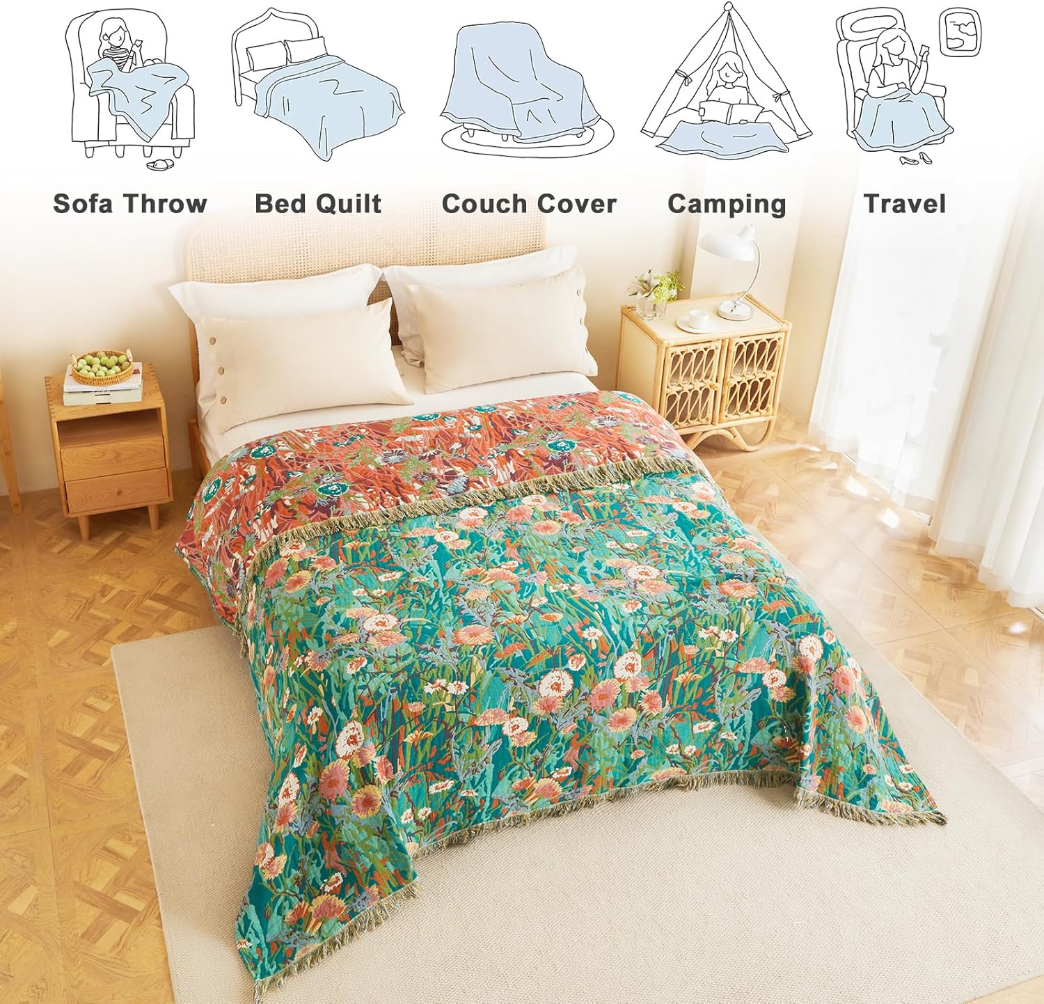 MSGKV Boho Throw Blanket for Couch Bed Chair 100% Cotton Muslin Breathable Floral Blanket 50"x60"