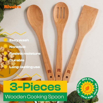 Riveira Cherry Wooden Spoons for Cooking Set of 3 – Natural Cherry Wooden Cooking Utensils, Wooden