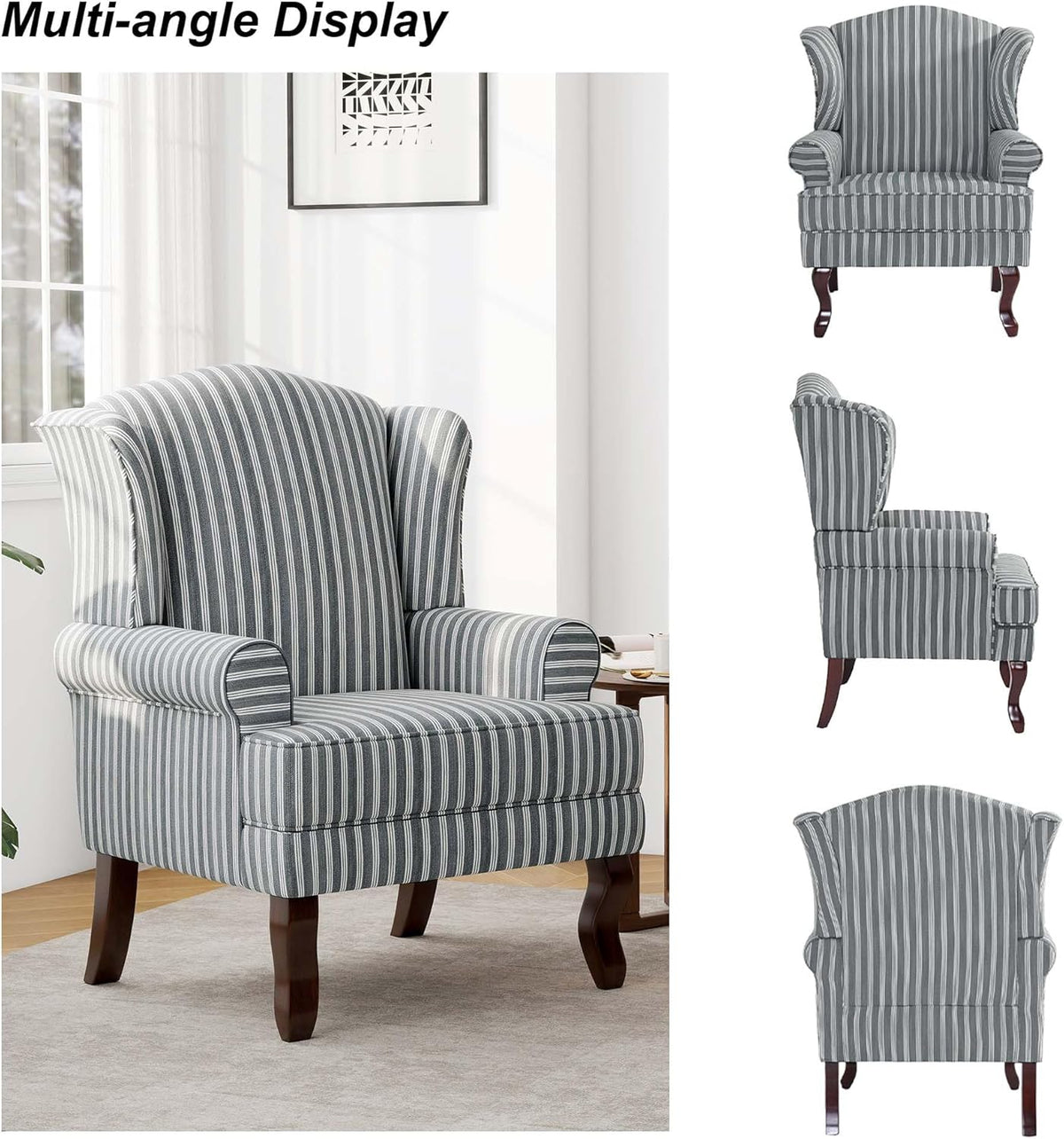 Accent Chair, High Back Upholstered Armchair with High Resilience Sponge & Wood Legs, Mid-Century