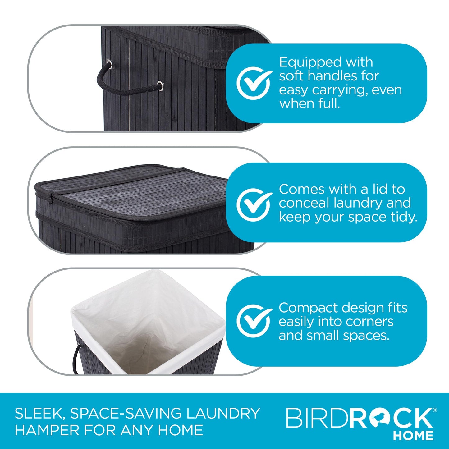 BIRDROCK HOME Square Laundry Hamper with Lid and Cloth Liner, Medium Basket with Soft Handles