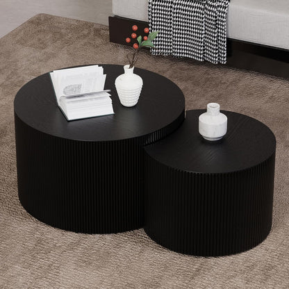 Round Nesting Coffee Table Wood Drum Nesting Tables Modern Stacking Coffee Table Set of 2 Fluted