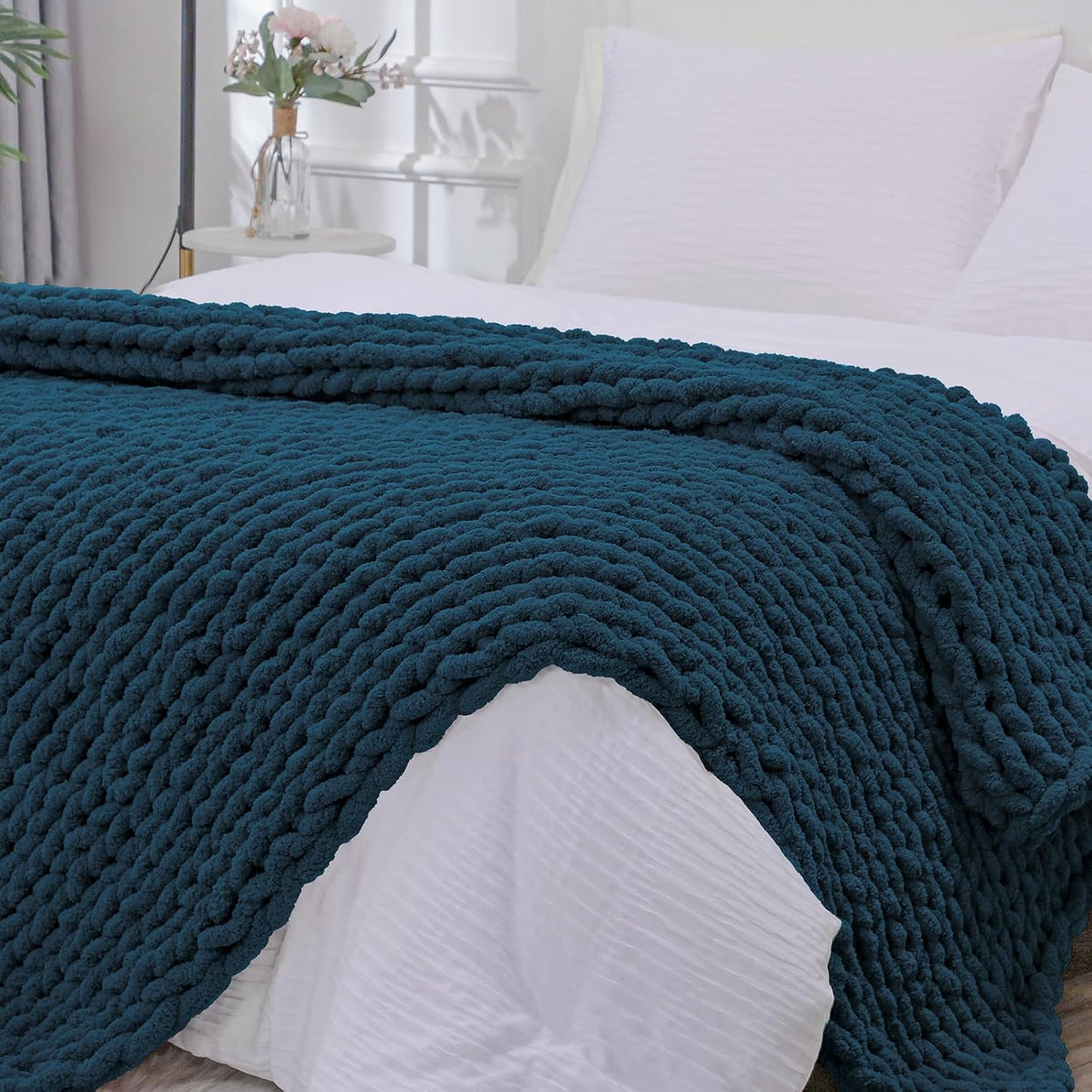 Bigacogo Chunky Knit Throw Blanket for Couch, 51x63 inches, 100% Hand Knitted with Thick Jumbo
