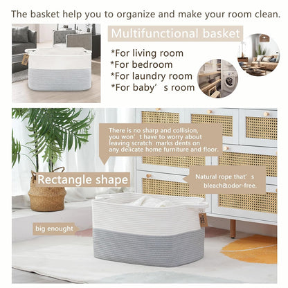 COMFY-HOMI Large Rectangle Laundry Storage Basket | Cotton Rope Woven, Organizing with Handle |