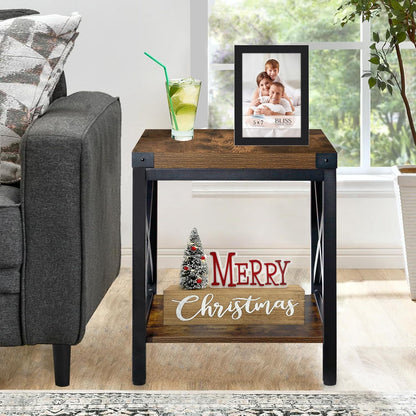 End Table Large Side Table for Living Room, Rustic Farmhouse End Tables with 2-Tier Storage, Square