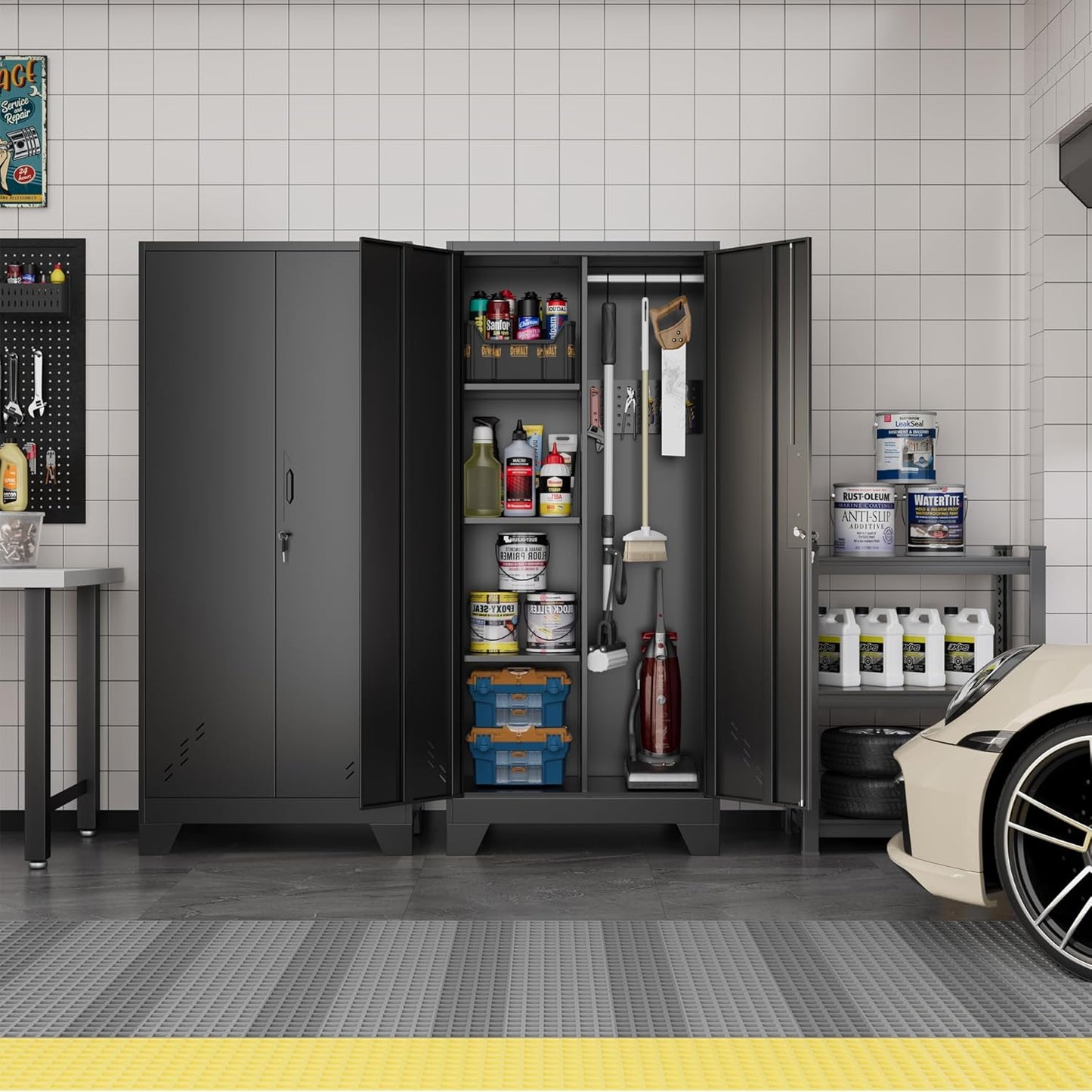 Metal Storage Cabinet with Locking Doors, 61" Tall Garage with Hanging Rod, Broom Closet