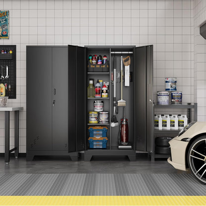 Metal Storage Cabinet with Locking Doors, 61" Tall Garage with Hanging Rod, Broom Closet
