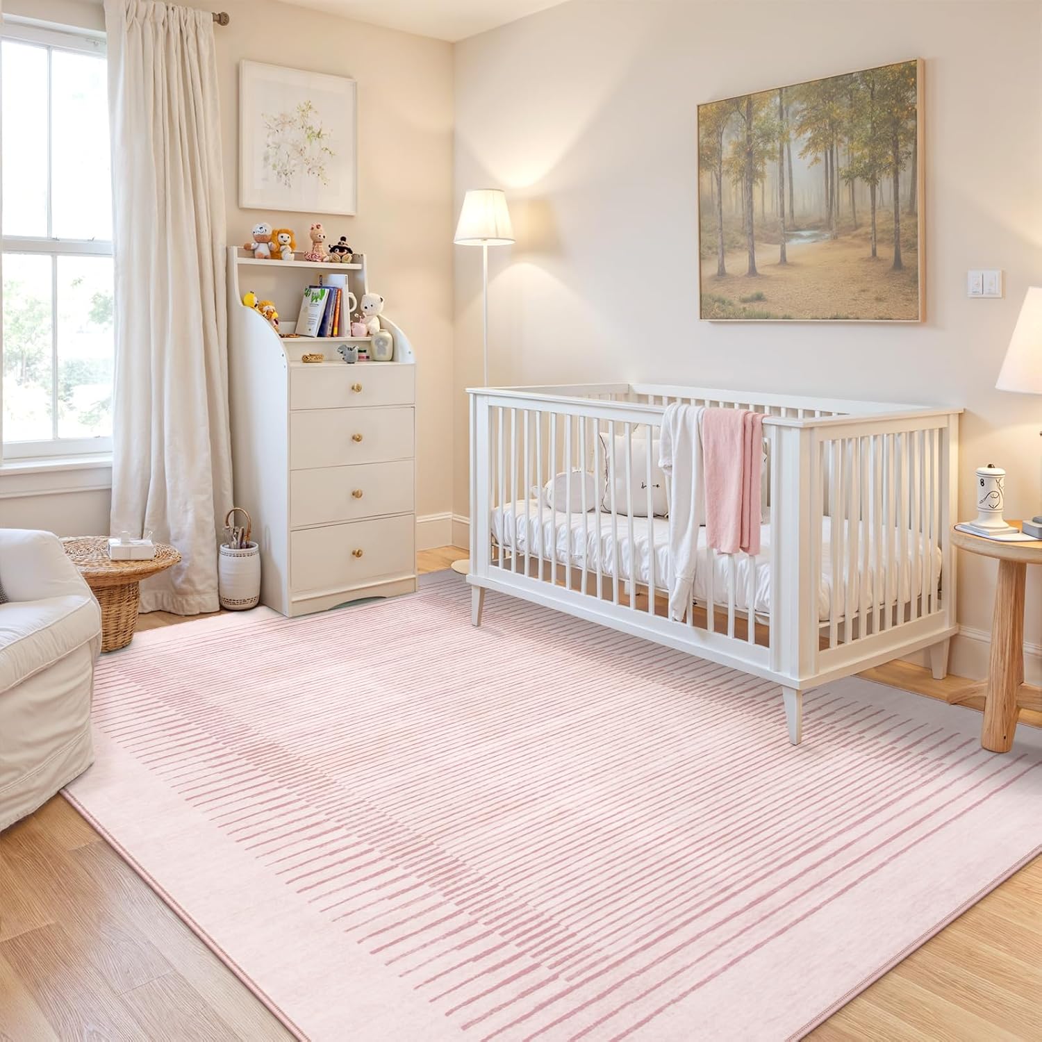 Wonnitar Washable Pink Striped Rug for Bedroom 8x10, Non-Slip Living Room Area Rug, Minimalist