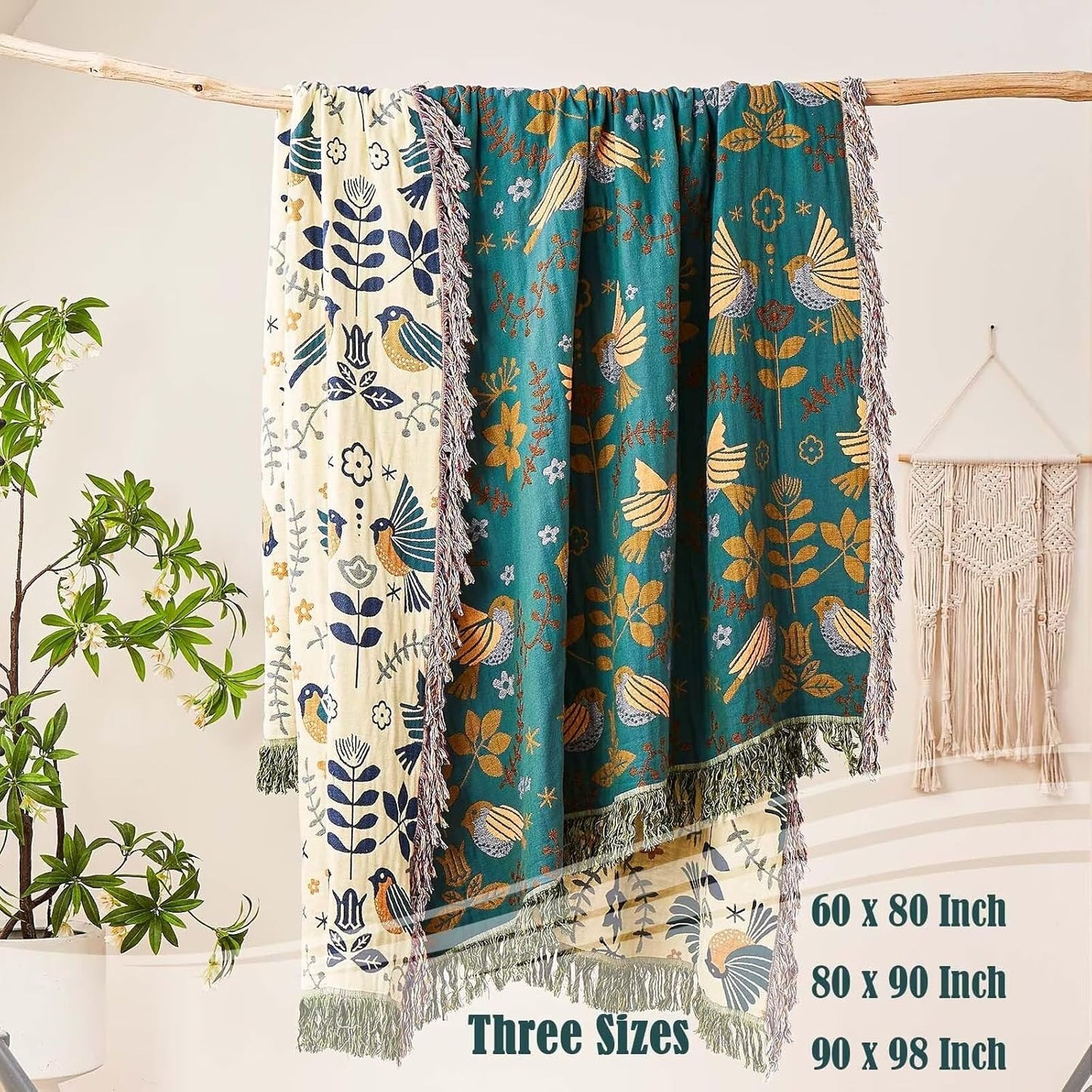 Boho Throw Blanket, 100% Cotton Ultra Soft Luxury Throw Rustic Quilt, 60"x80" Floral Printed