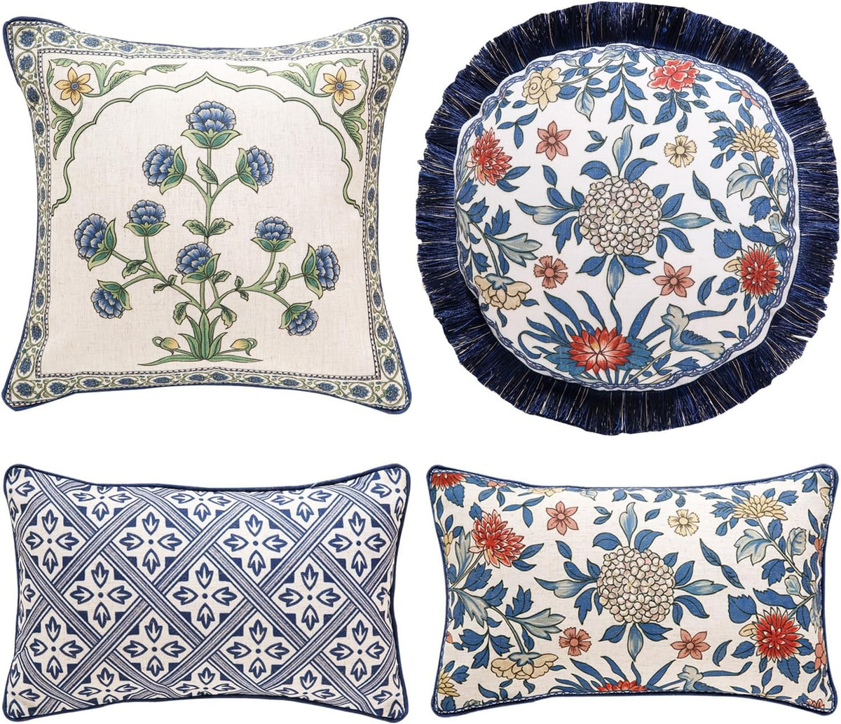 patdrea Designer Floral Linen Throw Pillow Covers,Blue French Cottage Flower Pattern Decorative