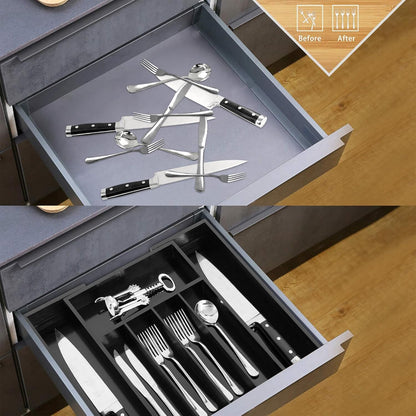 VaeFae Bamboo Drawer Organizer, Expandable Silverware Drawer Organizer, Cutlery Tray with Dividers
