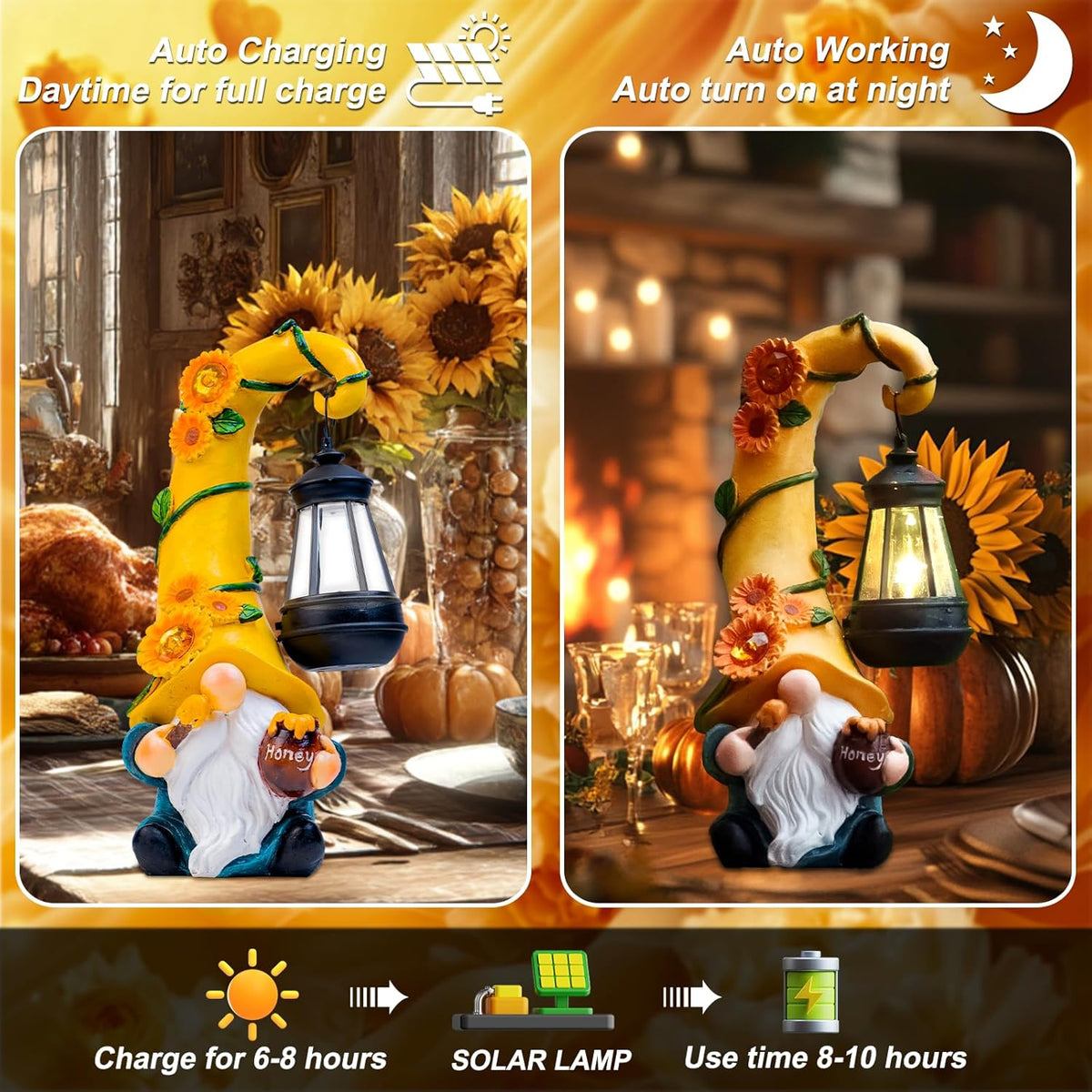 Fall Decorations for Home Porch 12" Solar Fall Gnome Sunflower Garden Statues Honey Bee Jar Decor