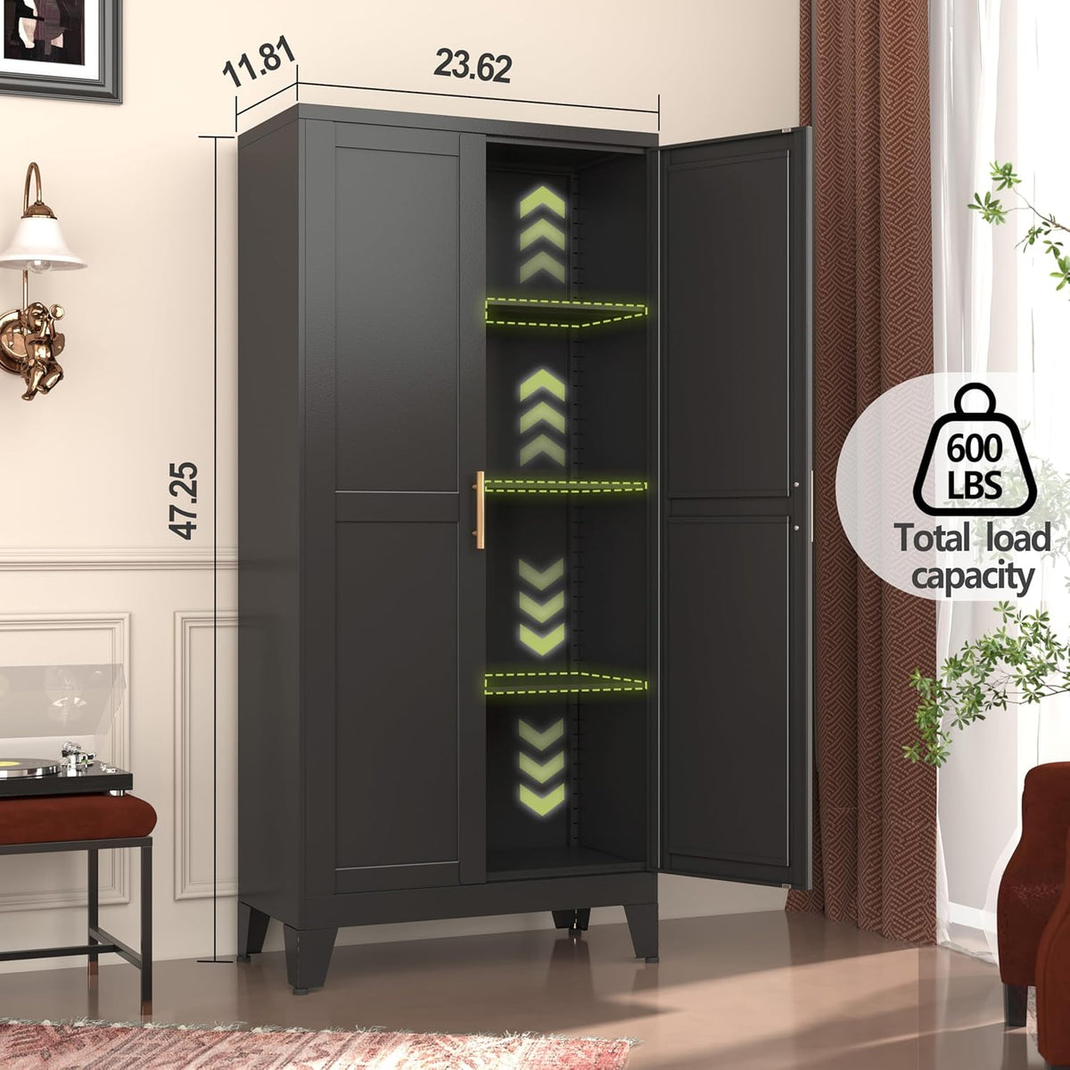 Metal Storage Cabinet With 2 Doors and 3 Adjustable Shelves, Black Kitchen Pantry for Food, Utility