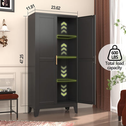 Metal Storage Cabinet With 2 Doors and 3 Adjustable Shelves, Black Kitchen Pantry for Food, Utility