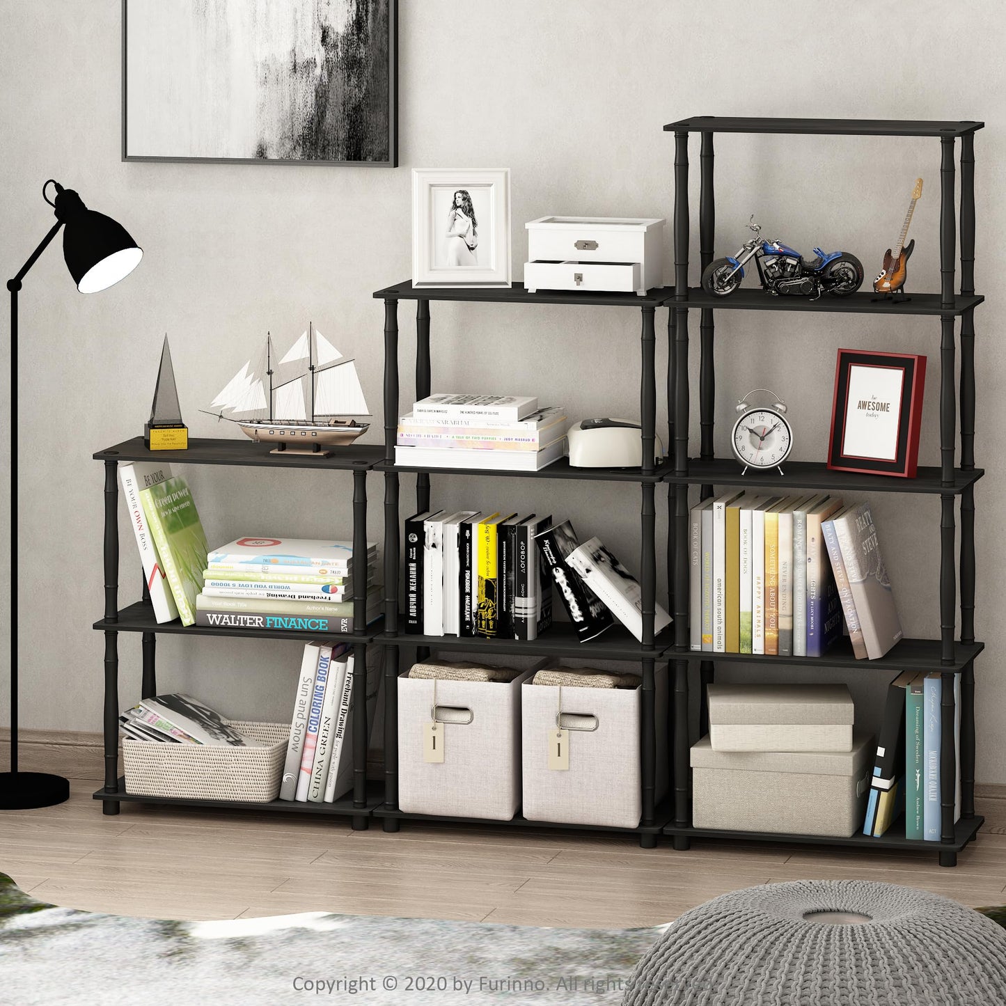 Furinno TURN-N-TUBE Storage Shelves, 3-Tier Book Shelf, Corner Shelf, Toolless Open Shelves, for