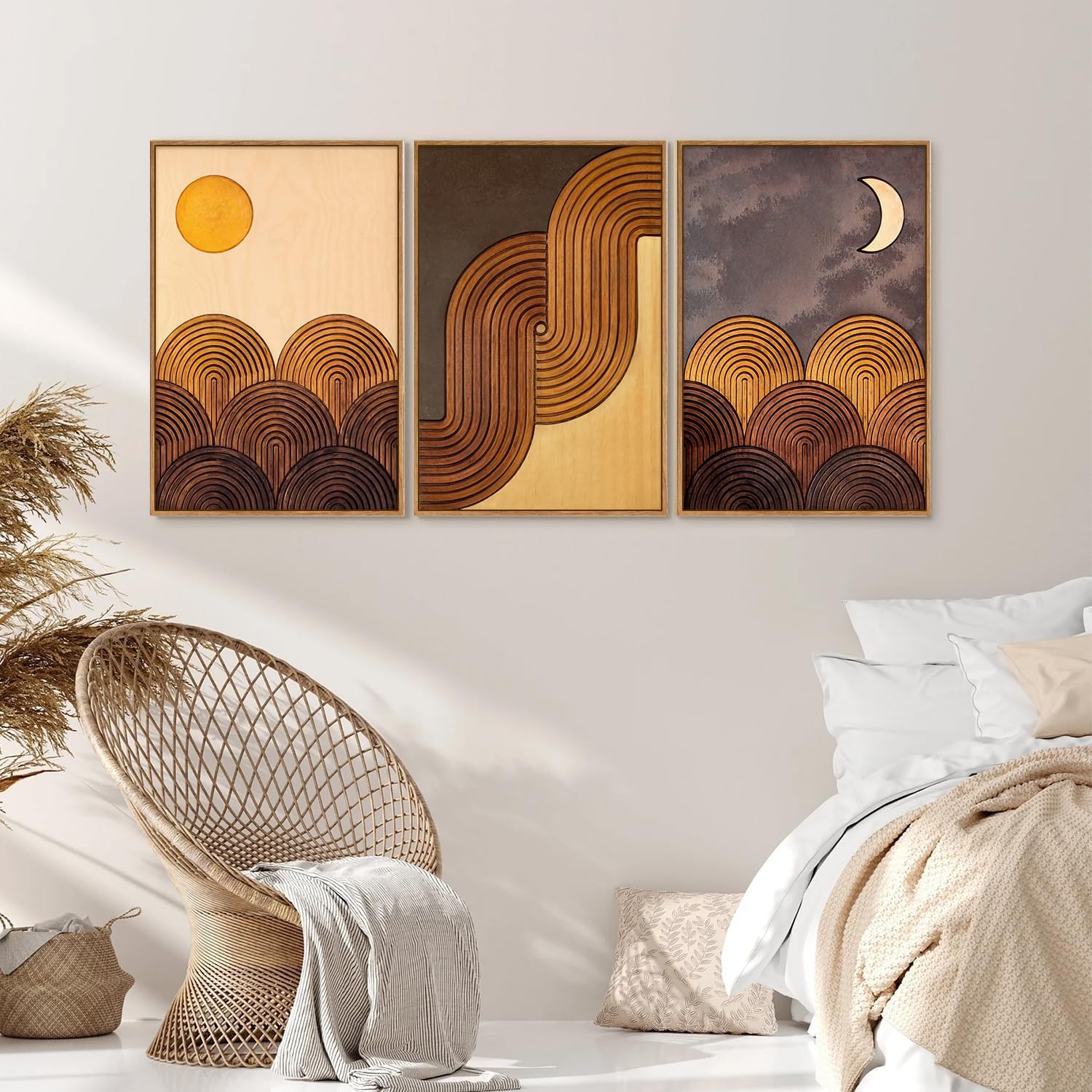 Tinonedraw Boho Mountain Framed Canvas Wall Art Set, Mid Century Modern Geometric Line Wall Decor