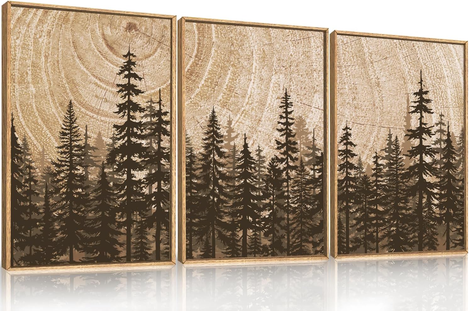 Celestdeco Pine Tree Framed Canvas Wall Art Set, Natural Woodland Landscape Wall Decor, Large Retro
