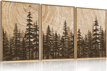Celestdeco Pine Tree Framed Canvas Wall Art Set, Natural Woodland Landscape Wall Decor, Large Retro