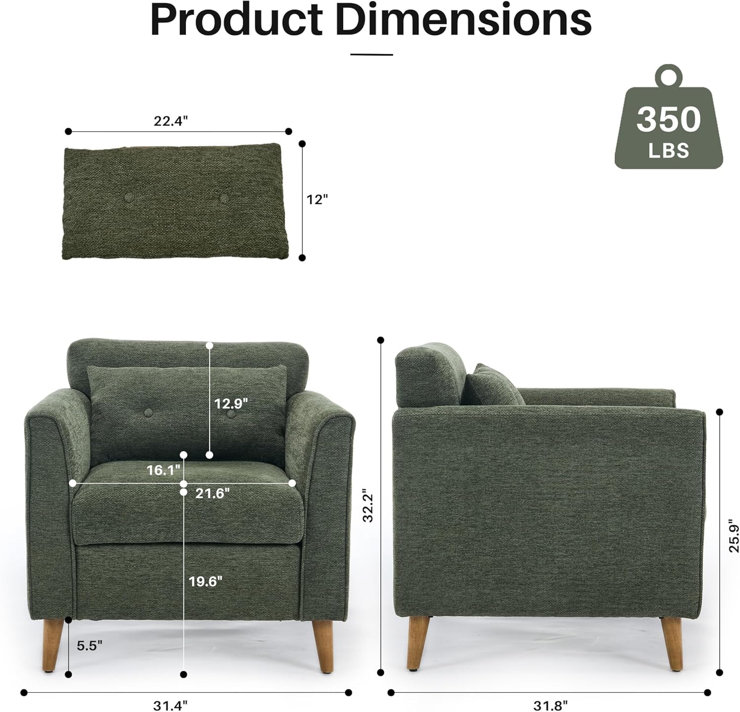 Modern Accent Chair with Wooden Legs Plush Fabric Armchair Cozy Reading Chair for Living Room