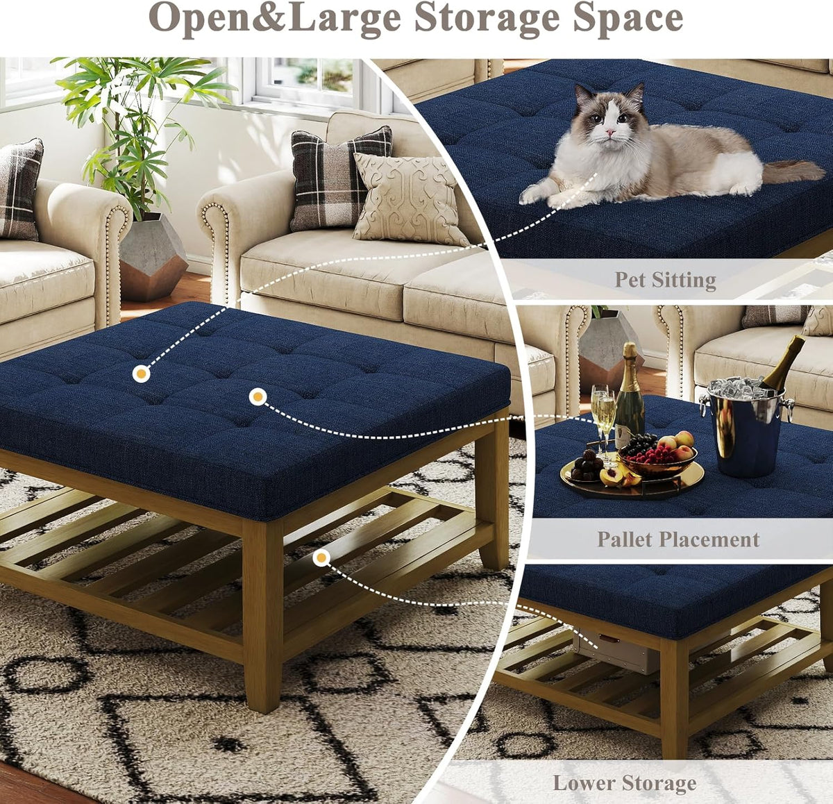 Large Square Ottoman Coffee Table, Linen Solid Upholstered Footrest Ottoman with Solid Wood Shelf