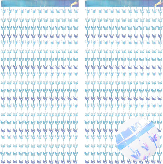 BRAVESHINE Iridescent Hanging Butterfly Foil Fringe Curtain - 2 Pack 3.2x6.6ft Holographic Party