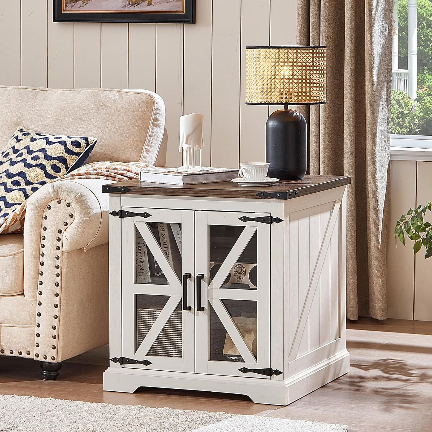 24" End Table Set of 2 with Charging Station, Farmhouse Night Stand with Glass Barn Door